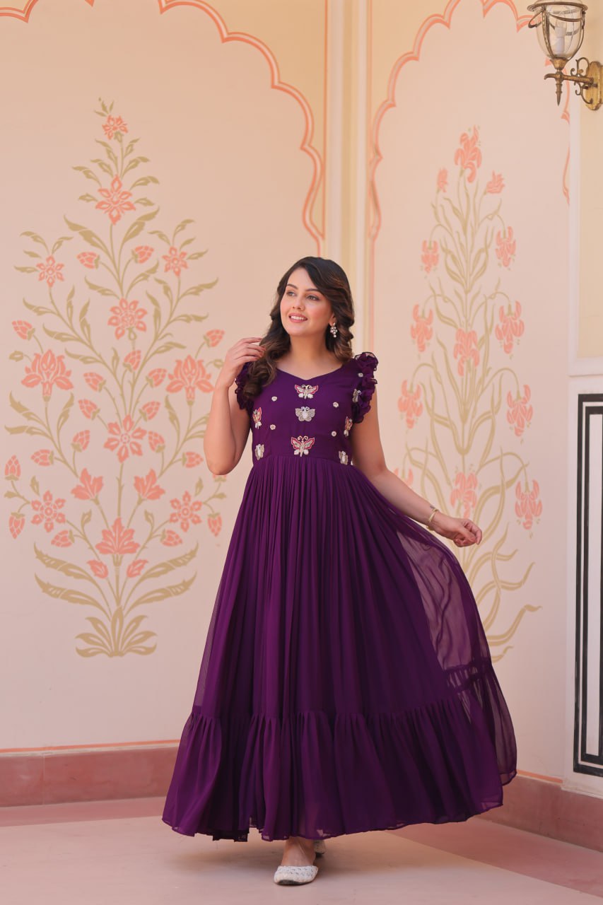 Women's Elegant Plum Purple Georgette Anarkali Gown with Butterfly Applique & Ruffle Sleeves β Festive & Special Occasion Wear - Image 18