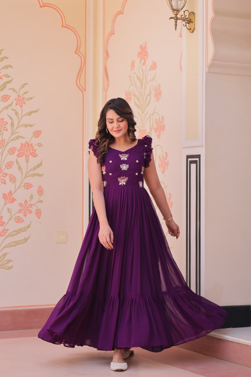 Women's Elegant Plum Purple Georgette Anarkali Gown with Butterfly Applique & Ruffle Sleeves β Festive & Special Occasion Wear - Image 17