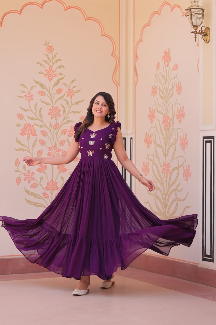 Women's Elegant Plum Purple Georgette Anarkali Gown with Butterfly Applique & Ruffle Sleeves β Festive & Special Occasion Wear