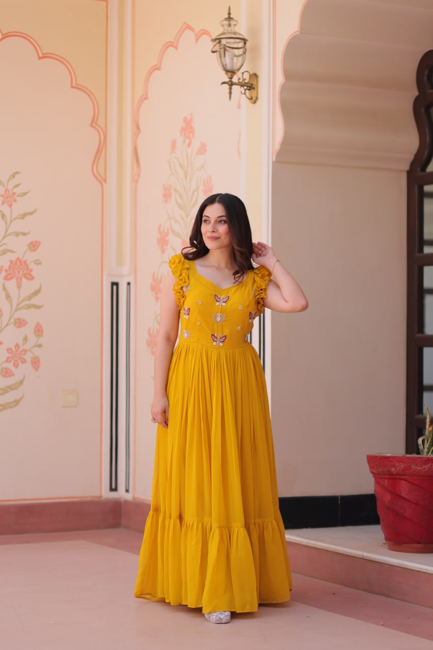 Women's Elegant Plum Purple Georgette Anarkali Gown with Butterfly Applique & Ruffle Sleeves β Festive & Special Occasion Wear - Image 7